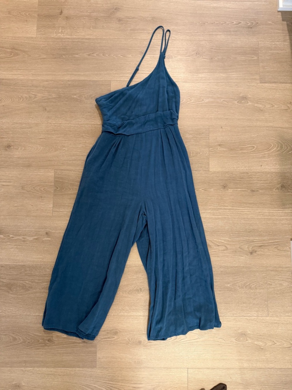 Linen One-Shoulder Wide-Leg Jumpsuit in Deep Teal